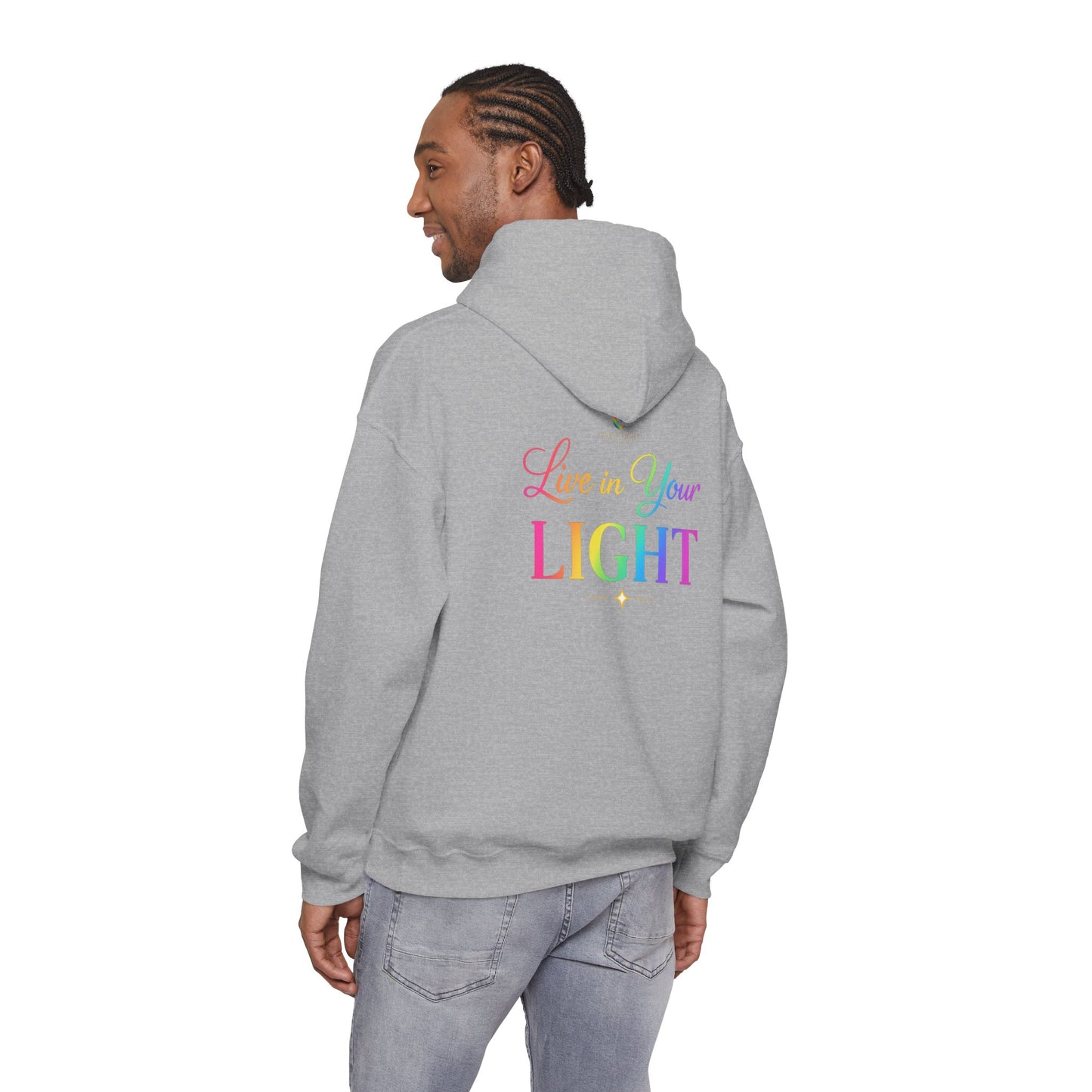 Live in Your Light Hoodie — Rainbow Inspirational Pullover