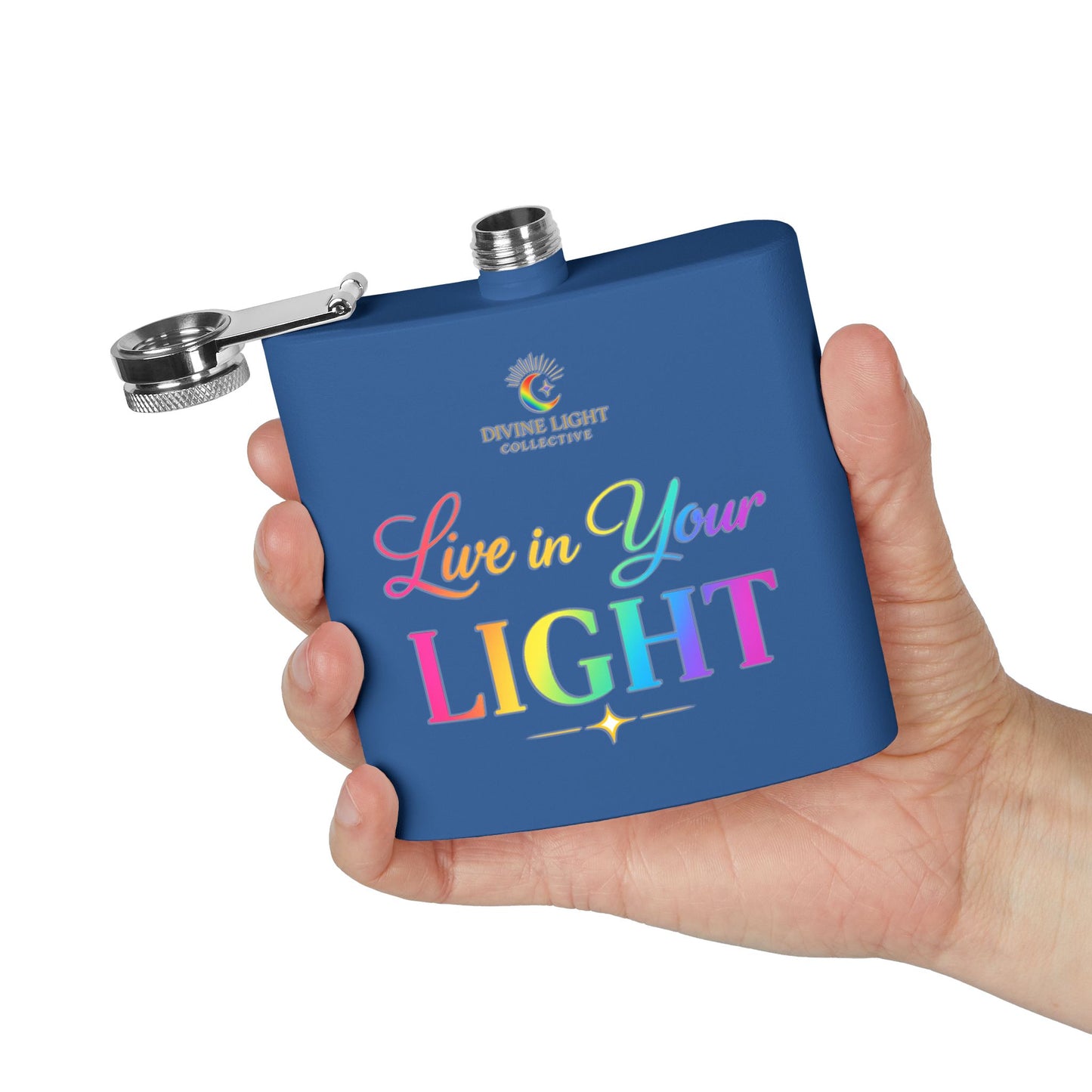 Live in Your Light Stainless Steel Flask — 6oz Rainbow Inspirational Hip Flask