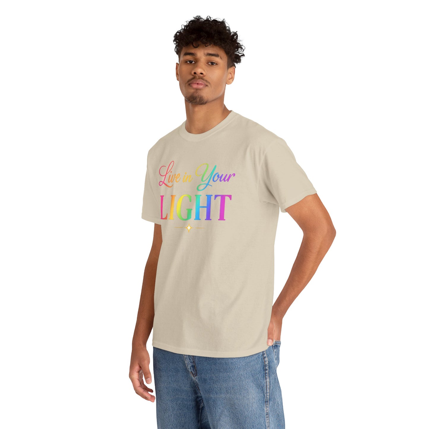 Live in Your Light Rainbow T‑Shirt — Inspirational Positive Message Tee