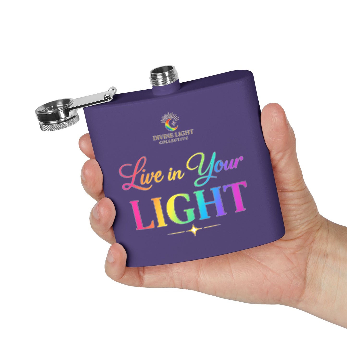 Live in Your Light Stainless Steel Flask — 6oz Rainbow Inspirational Hip Flask