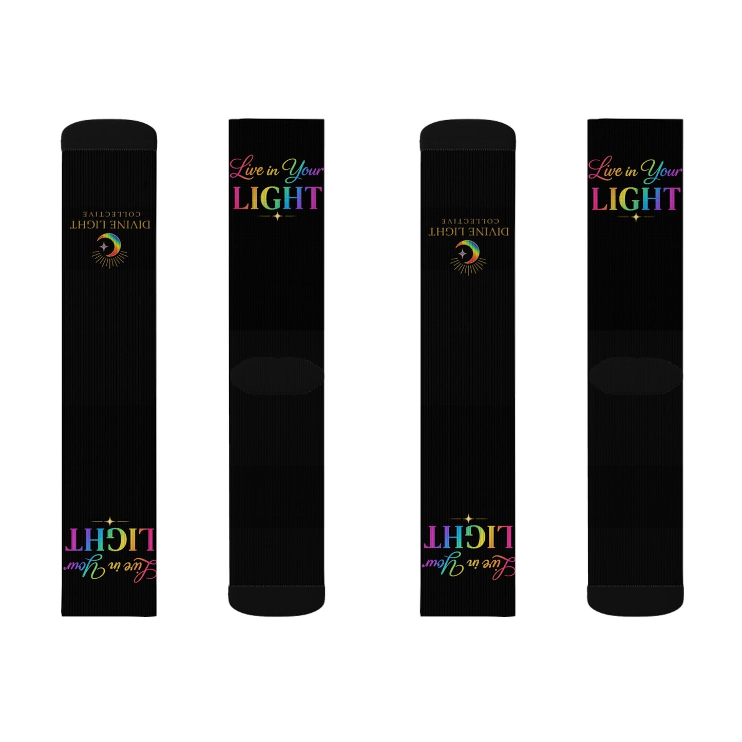 Inspirational 'Live in Your Light' Sublimation Socks — Rainbow Text Crew Socks
